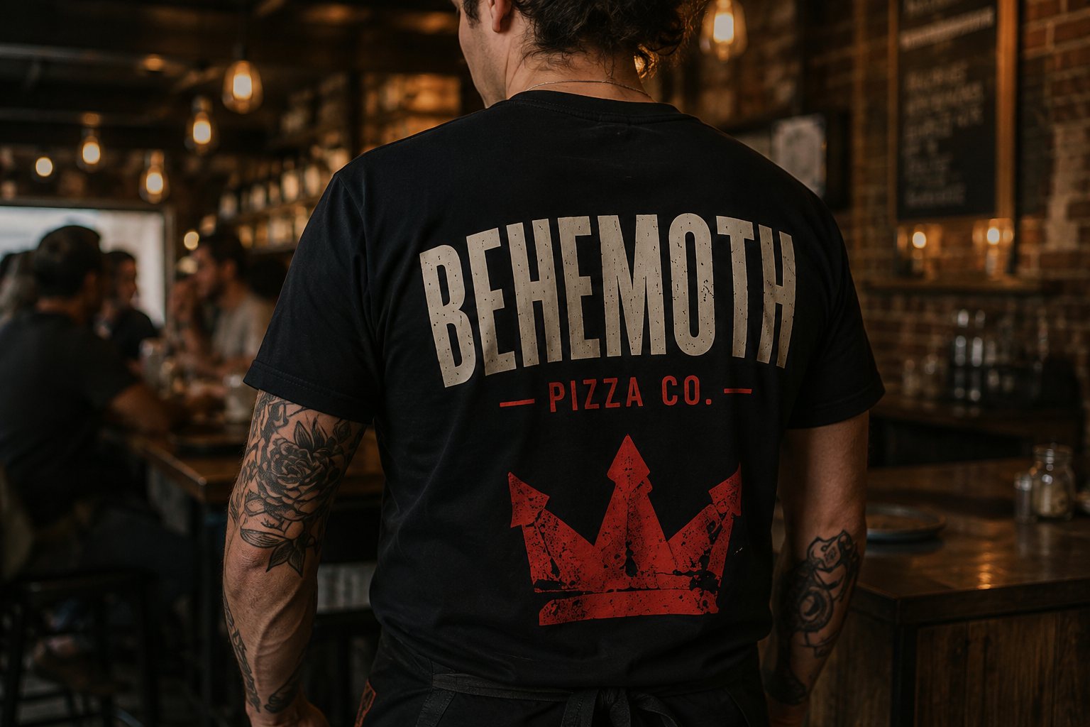 A member of the Behemoth Pizza Co. crew in a branded tee at the bar