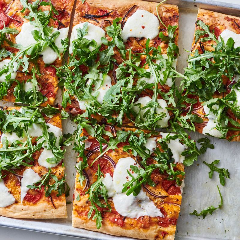 Margherita tray pizza with tomato, basil and mozzarella
