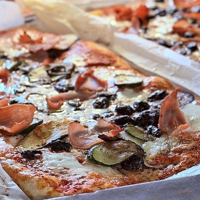 Potato, rosemary and salami Roman pizza slabs